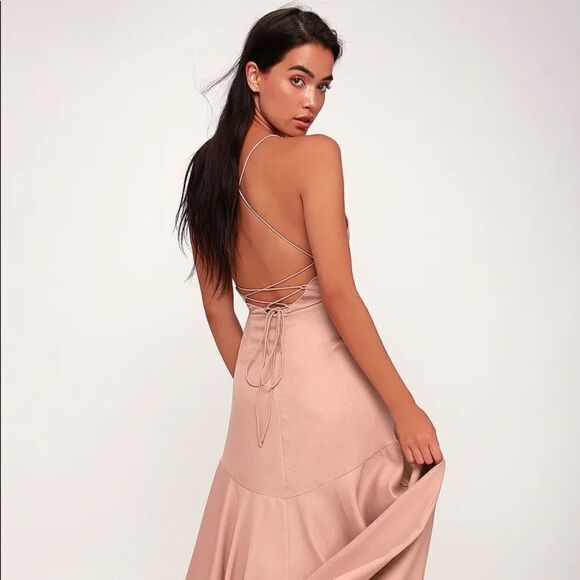 NEW ✨ Lulu’s Selmah Mauve Ruffled Lace-Up Maxi Dress M - Picture 2 of 13